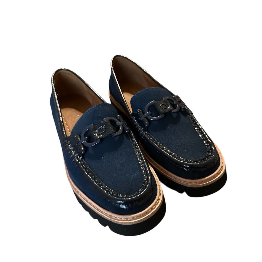 DONALD PLINER women's suede loafer color blue with black buckle size 7M EUC